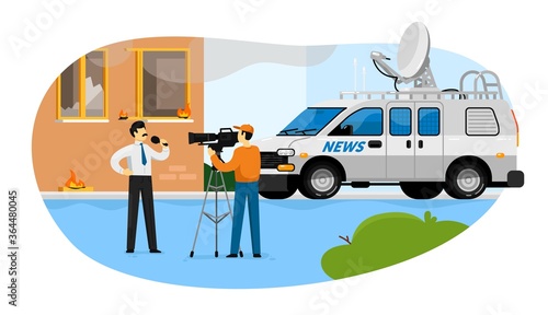 News reporting. Journalist man with microphone reporting house on fire vector illustration. Live breaking news broadcasting van, reporter, cameraman person with camera shooting burning house reportage