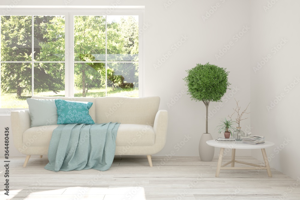 White stylish minimalist room with sofa and smmer landscape in window. Trend of the year 2019. Scandinavian interior design. 3D illustration White stylish minimalist room with sofa and smmer landscape in window. Trend of the year 2019. Scandinavian interior design. 3D illustration