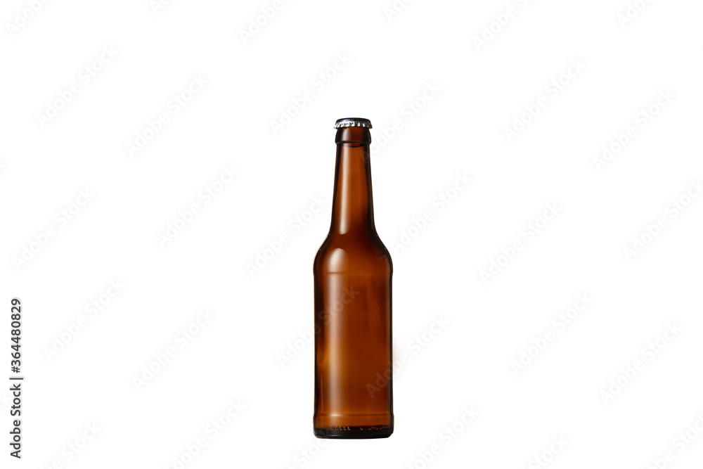 Empty golden colored beer bottle. One object isolated on white studio background. Concept of beer, beverage, entertainment and alcohol. Copyspace for your bar, restaurant, brewery or shop advertising. Empty golden colored beer bottle. One object isolated on white studio background. Concept of beer, beverage, entertainment and alcohol. Copyspace for your bar, restaurant, brewery or shop advertising.