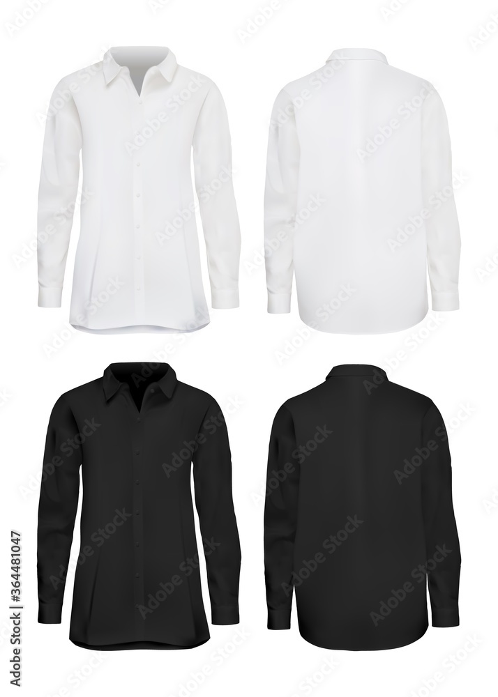 Vettoriale Stock White and black shirt mockup set. Isolated blank male  cotton long sleeve shirt template set. Front and back views of man shirts  mockup collection. Vector formal elegant fashion clothes mock