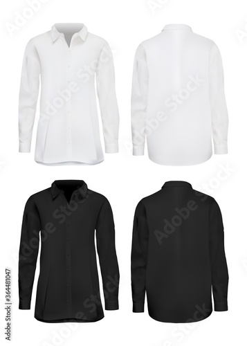 White and black shirt mockup set. Isolated blank male cotton long sleeve shirt template set. Front and back views of man shirts mockup collection. Vector formal elegant fashion clothes mock up design