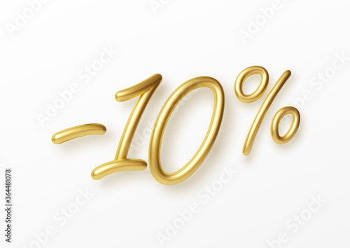 Realistic golden text 10 percent discount number. Vector illustration