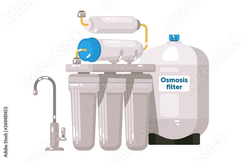 Water treatment. Reverse osmosis water treatment system isolated on white background. Equipment consist from filter, membrane, water tank and tap vector illustration