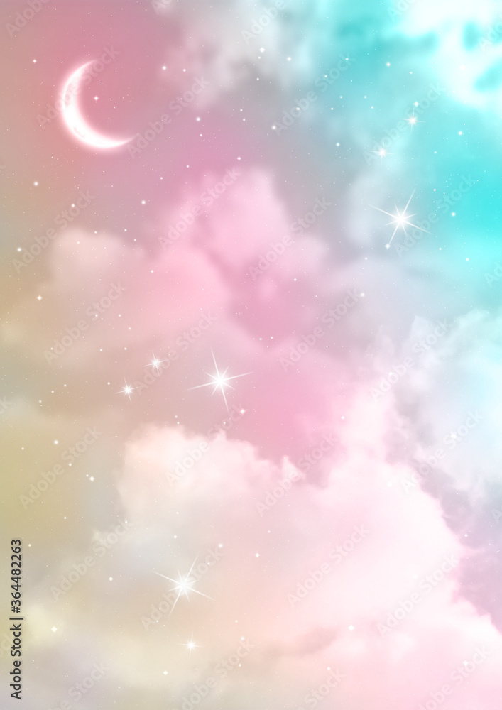 三日月と星とふわふわの雲　透明感のある空の背景素材