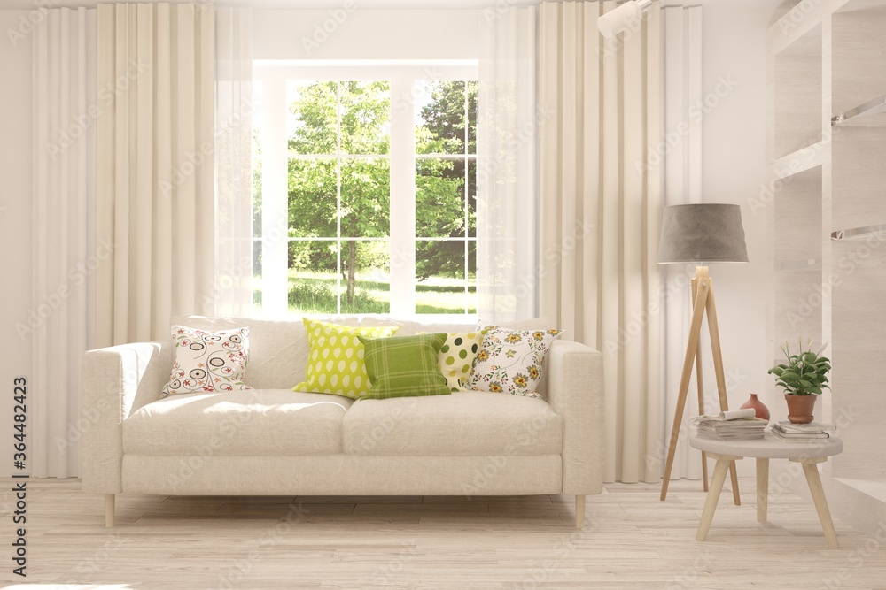 White stylish minimalist room with sofa and smmer landscape in window. Scandinavian interior design. 3D illustration White stylish minimalist room with sofa and smmer landscape in window. Scandinavian interior design. 3D illustration