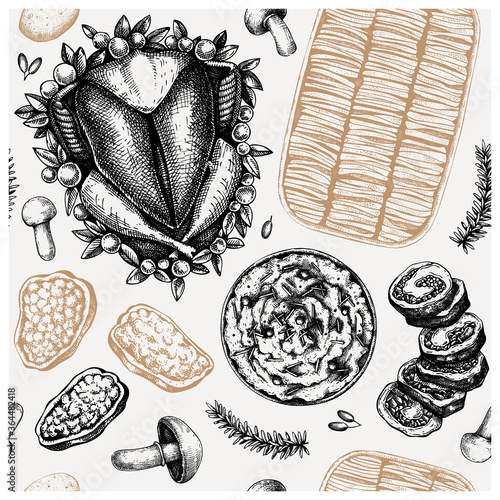 Thanksgiving day dishes seamless pattern. Roasted turkey, rolled meat, gratin, mashed potato, suffered pepper sketches. Traditional dishes for Thanksgiving day.