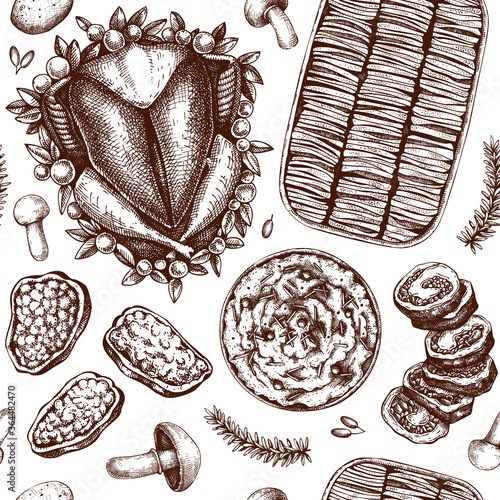 Thanksgiving day dishes seamless pattern. Roasted turkey, rolled meat, gratin, mashed potato, suffered pepper sketches. Traditional dishes for Thanksgiving day. 