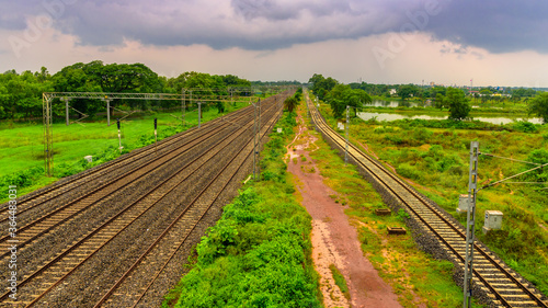 Top View of Empty Rail Tracks with scenic Landscape