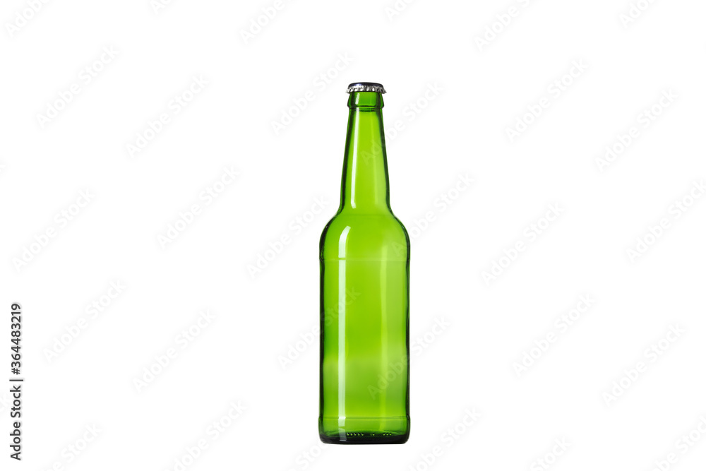 Empty green colored beer bottle. One object isolated on white studio background. Concept of beer, beverage, entertainment and alcohol. Copyspace for your bar, restaurant, brewery or shop advertising. Empty green colored beer bottle. One object isolated on white studio background. Concept of beer, beverage, entertainment and alcohol. Copyspace for your bar, restaurant, brewery or shop advertising.