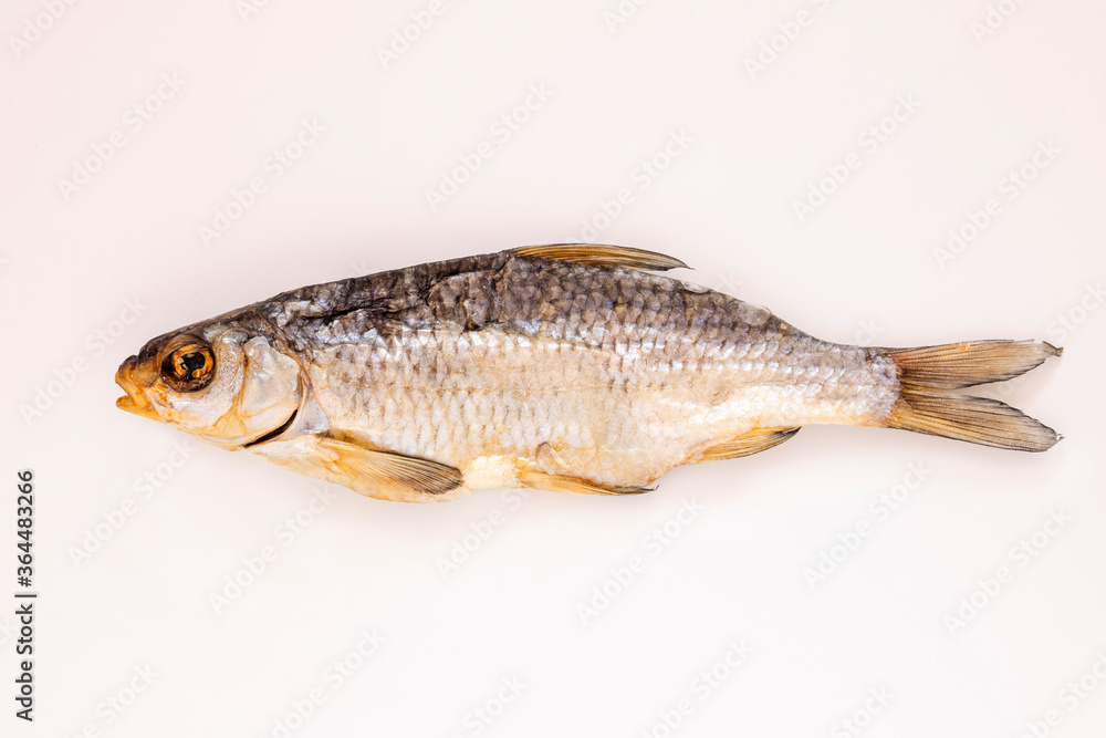 One dried salted smocked fish isolated on white One dried salted smocked fish isolated on white