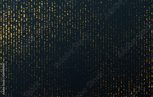 Gold dust falling flying sparkling confetti dots of vertical lines on a black background. Festive lights, golden garlands, tinsel decoration. Vector illustration