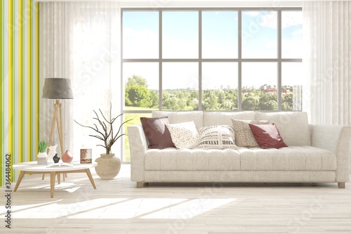White stylish minimalist room with sofa and smmer landscape in window. Scandinavian interior design. 3D illustration