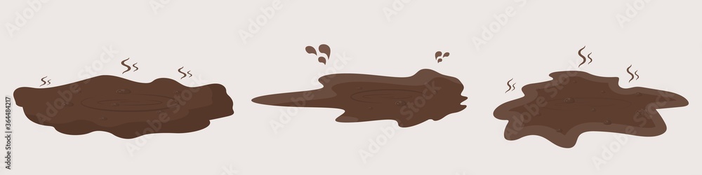 Puddles of mud set. Spilled puddle of brown chocolate color surface splashed with coffee. Puddles of mud set. Spilled puddle of brown chocolate color surface splashed with coffee.