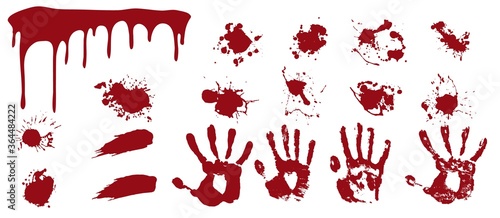 Bloody spray and handprints. Red streaks and smears with human prints spots of death.
