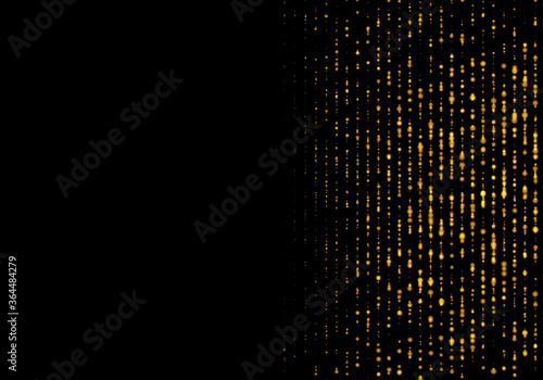 Gold dust falling flying sparkling confetti dots of vertical lines on a black background. Festive lights, golden garlands, tinsel decoration. Vector illustration