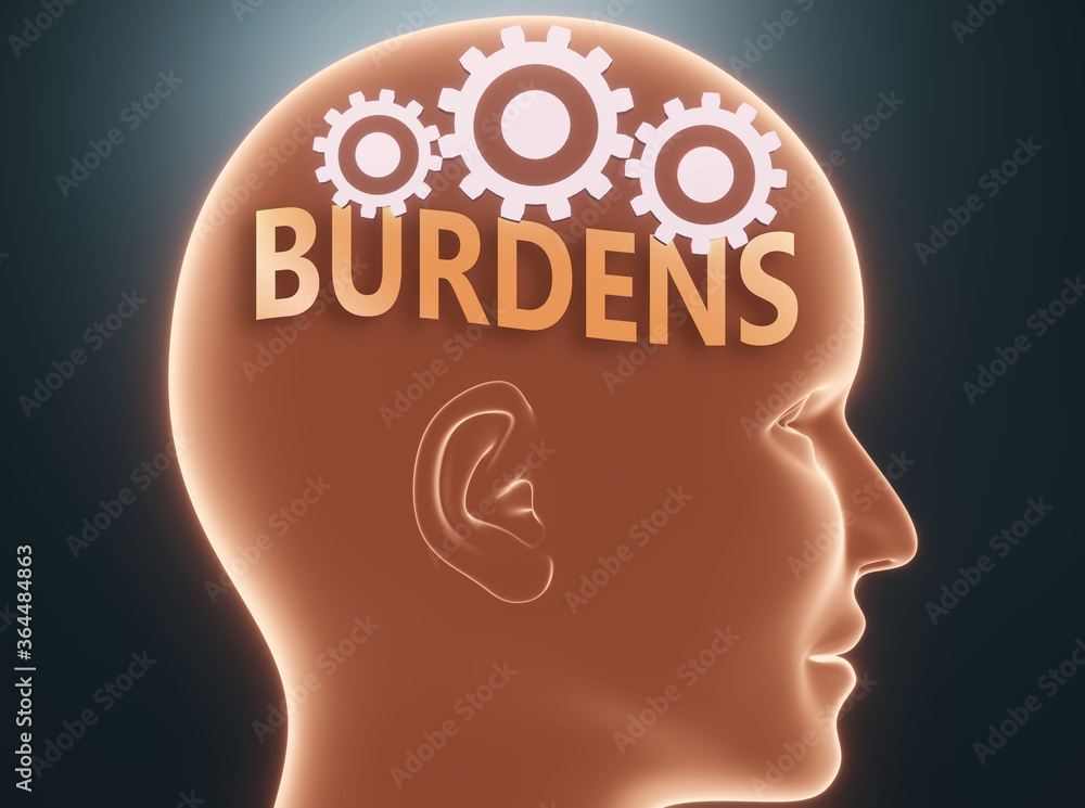 Burdens inside human mind - pictured as word Burdens inside a head with cogwheels to symbolize that Burdens is what people may think about and that it affects their behavior, 3d illustration