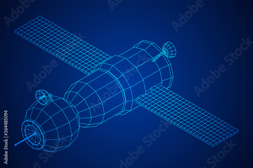 Space station communications satellite. Wireframe low poly mesh vector illustration.
