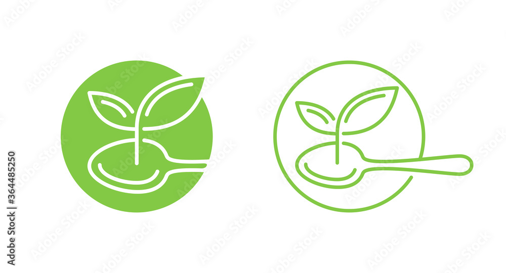 Plant proteins vegetarian food stamp - healthy nutrition icon for food pruducts packaging - green circle with outline leaf and spoon inside - isolated vector emblem Plant proteins vegetarian food stamp - healthy nutrition icon for food pruducts packaging - green circle with outline leaf and spoon inside - isolated vector emblem