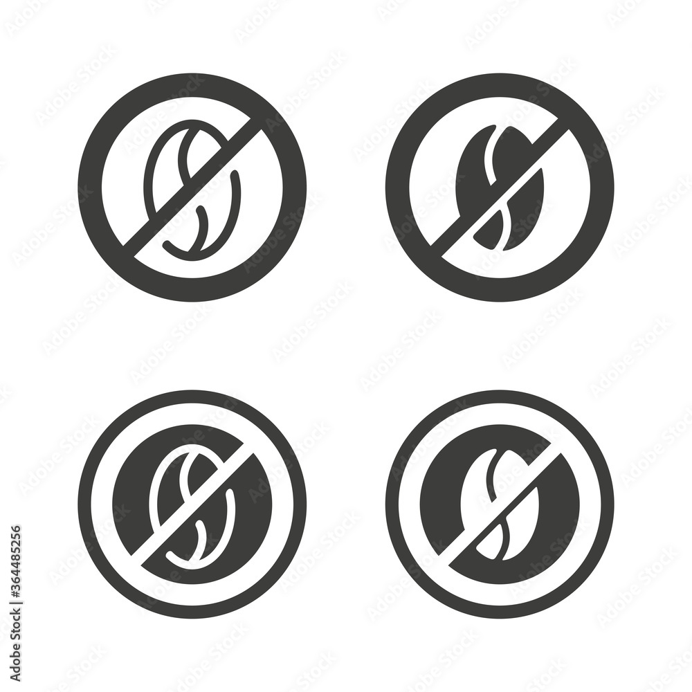 Caffeine free sign - crossed out coffee bean - ingredientas information mark for drink products packaging - isolated vector monochrome icon in 4 variations Caffeine free sign - crossed out coffee bean - ingredientas information mark for drink products packaging - isolated vector monochrome icon in 4 variations
