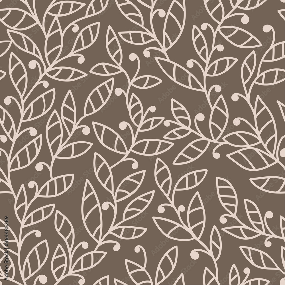 Hand drawn beige branches with simple decor on calm brown background. Seamless floral pattern. Suitable for textile, packaging, wallpaper.
