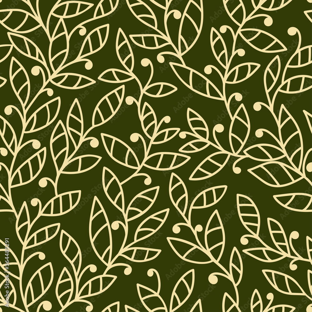 Doodle yellow leaf branches with simple decor on dark green background. Seamless floral pattern. Suitable for textile, packaging, wallpaper.