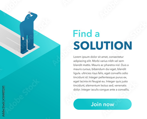 Business solution strategy risks concept - flat cartoon human stands at abyss precipice with sample text and Join Us Now Button - isolated vector illustration and banner template
