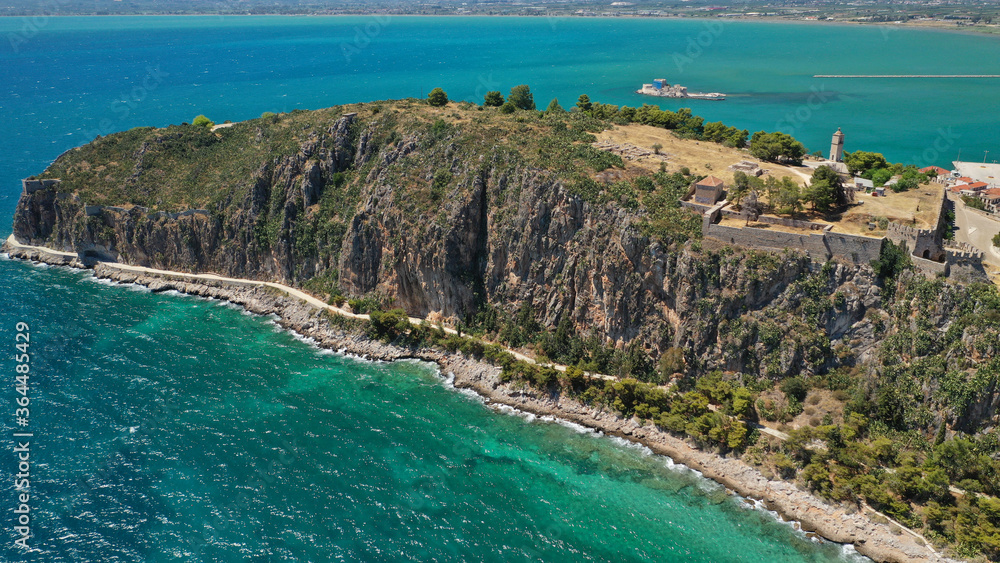 Aerial drone photo of famous rock of Arvanitia in the slopes of Acronafplia, Nafplio, Argolida, Peloponnese, Greece