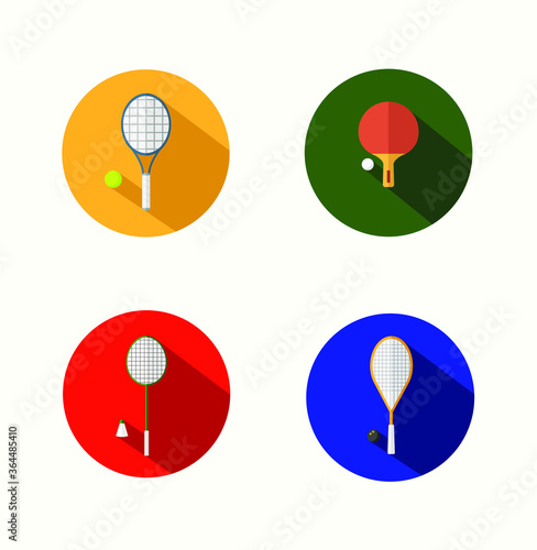 Round isolated flat design icons of tennis, badminton, table tennis (ping pong) and squash. Racket and ball. Vector graphic.