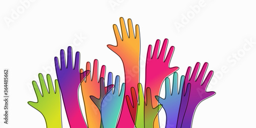 Colorful up hands. Charity teamwork vector concept illustration