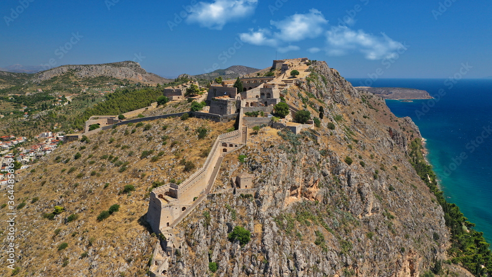 Aerial drone photo of picturesque and historic old town of Nafplio in the slopes of Palamidi fortress and Acronafplia, Argolida, Peloponnese, Greece Aerial drone photo of picturesque and historic old town of Nafplio in the slopes of Palamidi fortress and Acronafplia, Argolida, Peloponnese, Greece