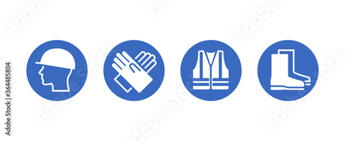 PPE required caution sign - Personal protective equipment icons set for industry and working areas under construction - isolated vector collection photo