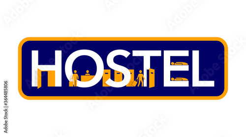 Hostel logo for reception signboard  banner (in blue and yellow colors) with creative decoration - small silhouettes of reception,arriving tourist and sleeping room.