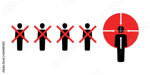 World terrorism danger - extremism, agression and human assassination problems comcept - crossed out people silhouettes (victims) and one person aiming with optical sight - isolated vector concept