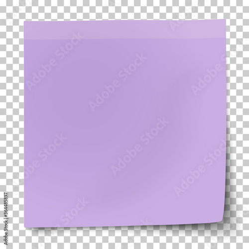 Office violet paper sticker with bent lower right corner isolated on transparent background. Template vector post note.