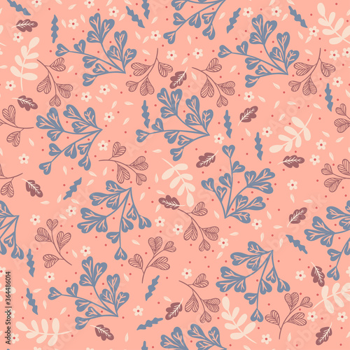 Seamless pattern with floral elements on a pink background. Vector graphics.
