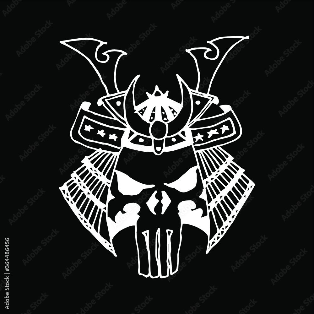 Shogun skull. Warrior skull. Traditional armor of japanese warrior. Hand drawn illustration. Isolated on black background. Shogun skull. Warrior skull. Traditional armor of japanese warrior. Hand drawn illustration. Isolated on black background.