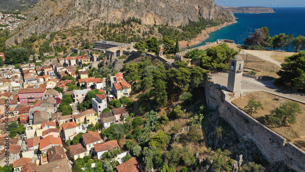 Aerial drone photo of picturesque village of Nafplio in the slopes of Palamidi fortress and Acronafplia, Argolida, Peloponnese, Greece