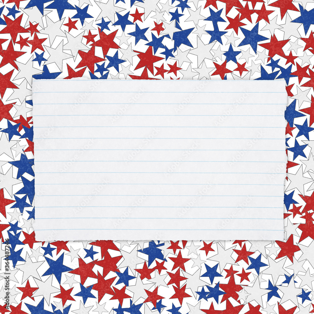Fototapeta premium Torn piece of white notepad paper with lines on red, white and blue stars paper background