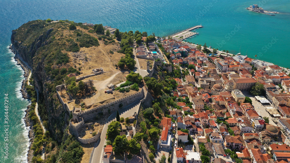 Aerial drone photo of picturesque village of Nafplio in the slopes of Palamidi fortress and Acronafplia, Argolida, Peloponnese, Greece Aerial drone photo of picturesque village of Nafplio in the slopes of Palamidi fortress and Acronafplia, Argolida, Peloponnese, Greece