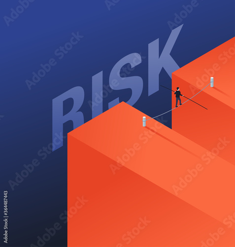 Business risk and professional strategy concept - businessman walks over dangerous gap as tightrope walker - isometric conceptual illustration for banner or poster 