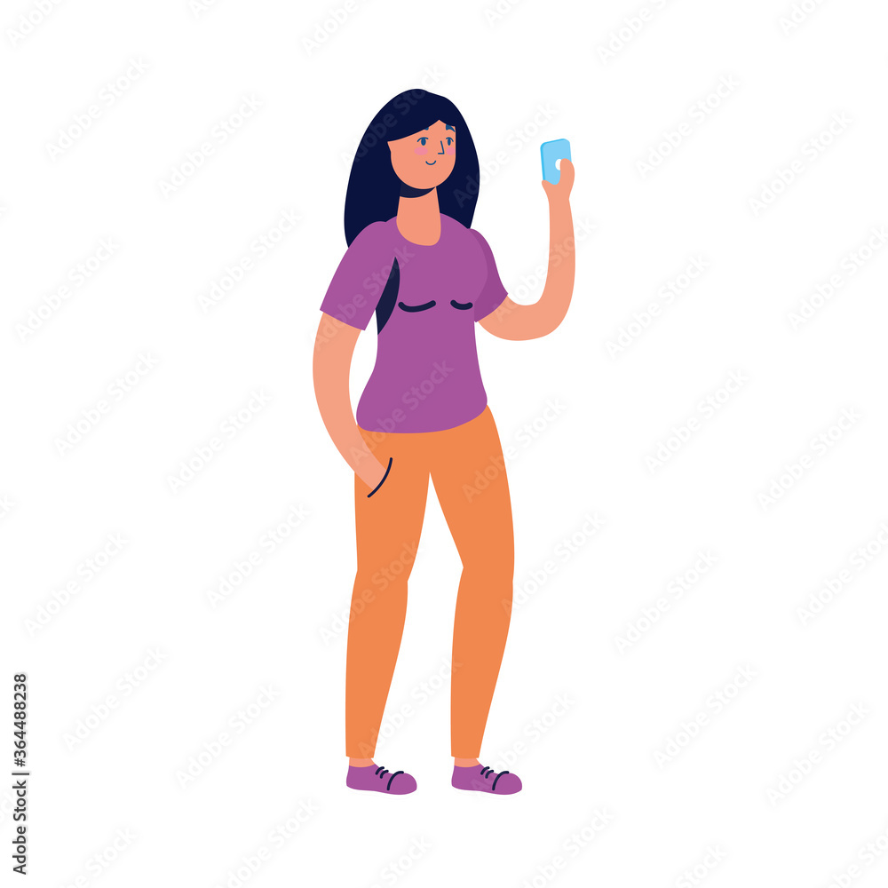 young woman female using smartphone character young woman female using smartphone character