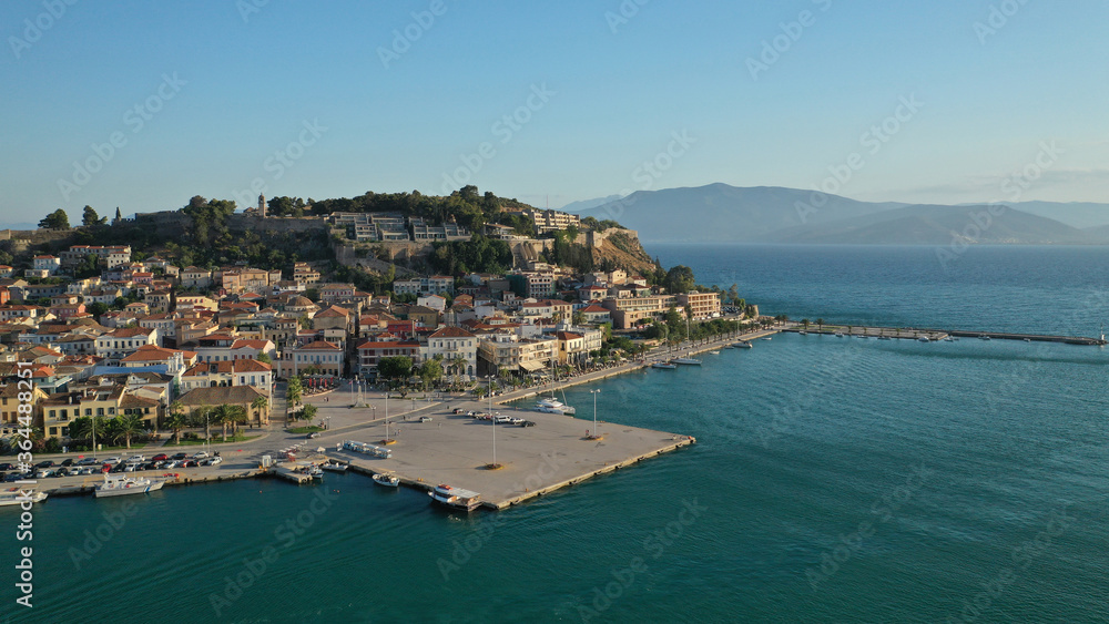 Aerial drone photo of picturesque village of Nafplio in the slopes of Palamidi fortress and Acronafplia, Argolida, Peloponnese, Greece Aerial drone photo of picturesque village of Nafplio in the slopes of Palamidi fortress and Acronafplia, Argolida, Peloponnese, Greece