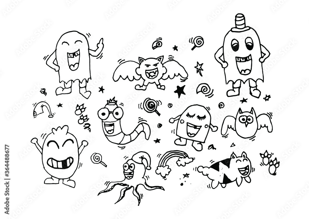 Doodle set of objects from a toothless laugh, black and white outline.  Funny cartoon with cute childish face expressions, toothless smile, amazed  emotion, emoji, emoticon, funny monster Stock Vector | Adobe Stock