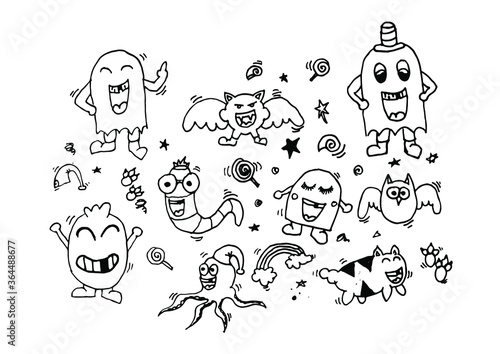 Doodle set of objects from a toothless laugh, black and white outline. Funny cartoon with cute childish face expressions, toothless smile, amazed emotion, emoji, emoticon, funny monster
