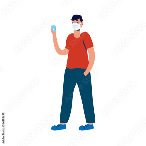 young man using medical mask with smartphone
