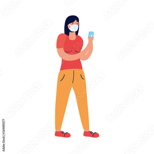 young woman using medical mask and smartphone