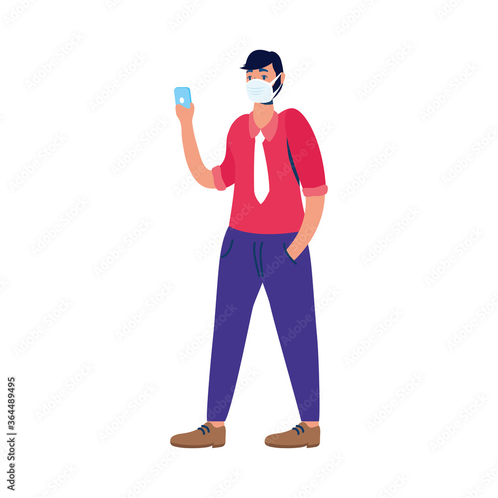 young man using medical mask with smartphone