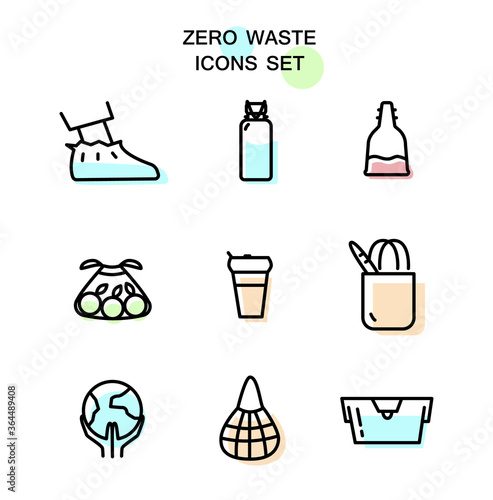 Set of zero waste line vector icons with color fill. Ecology icons. Reusable items: shoe covers, metal bootle for water, menstrual cup, bag, thermo mug, sack for vegetables, earth in hands, string bag