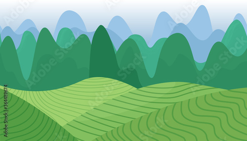 Mountains landscape. Green mountains in China and rice fields. Vector illustration in flat style