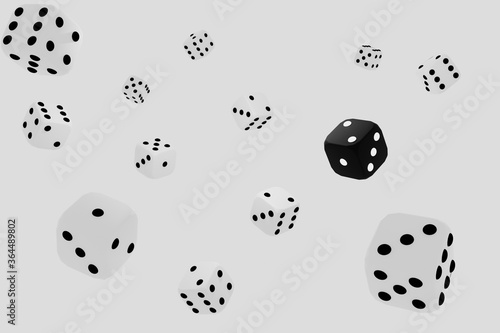 White flying dice on a light background with black dice in the center